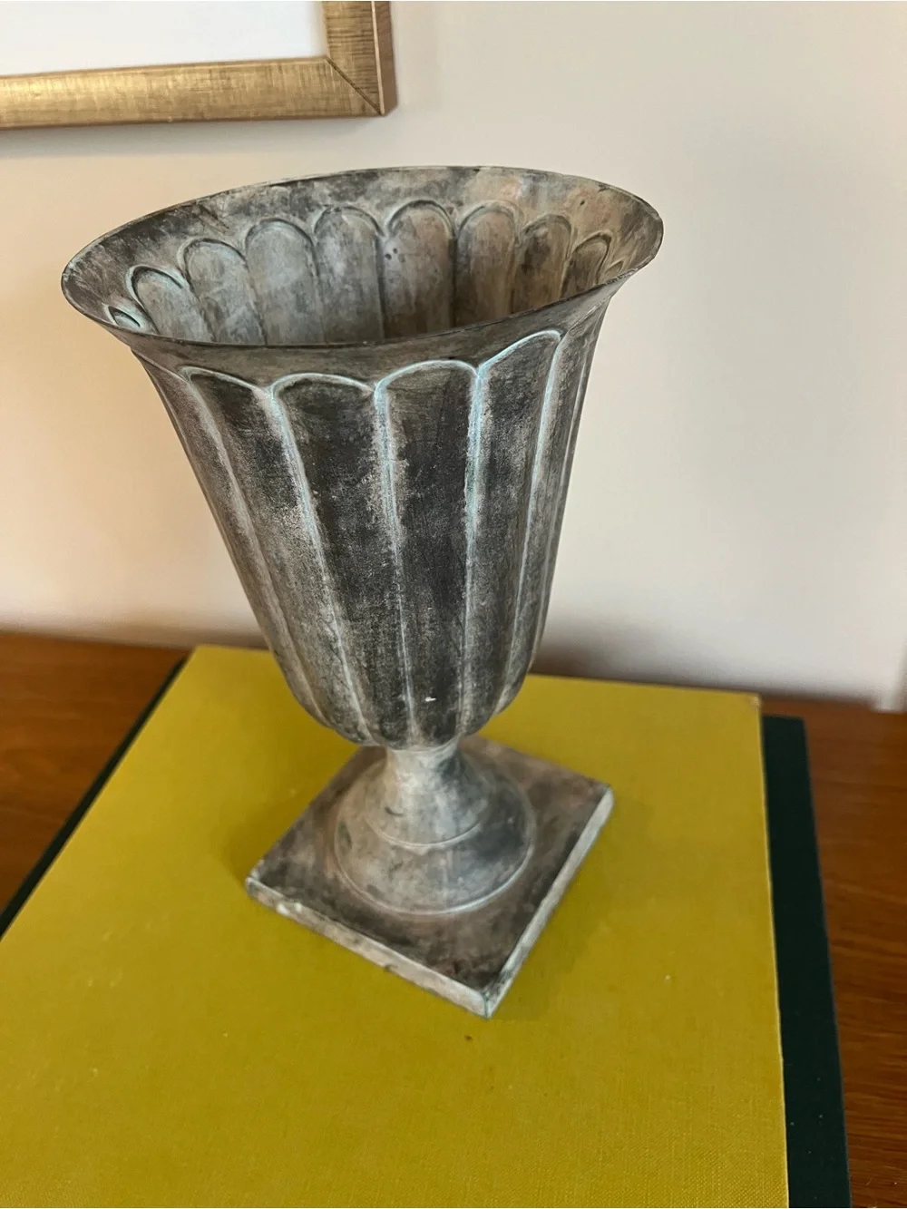 Distressed Metal Pedestal Urn Vase - Weathered Green Finish